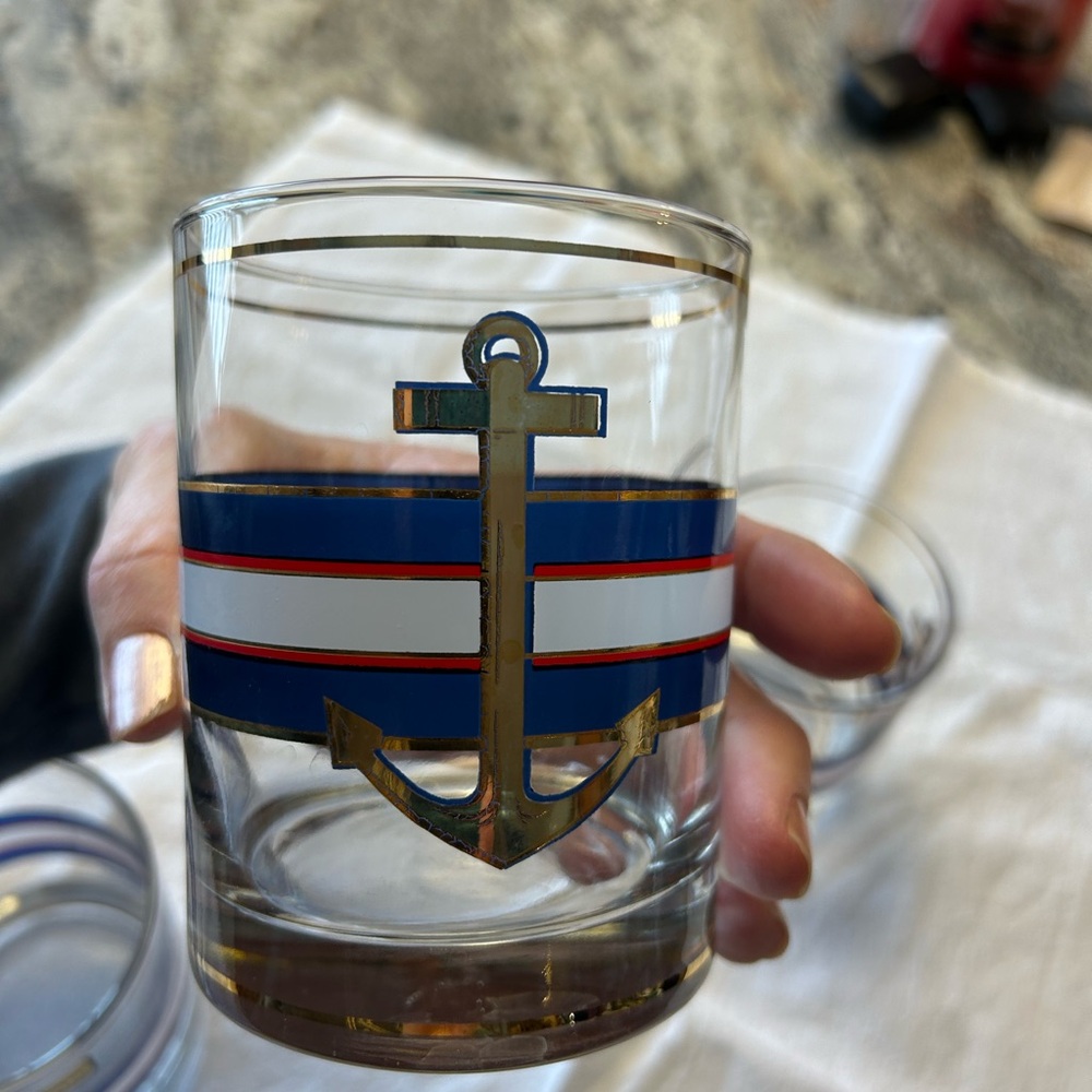 Gold Anchor Glass with Blue and Red Stripes